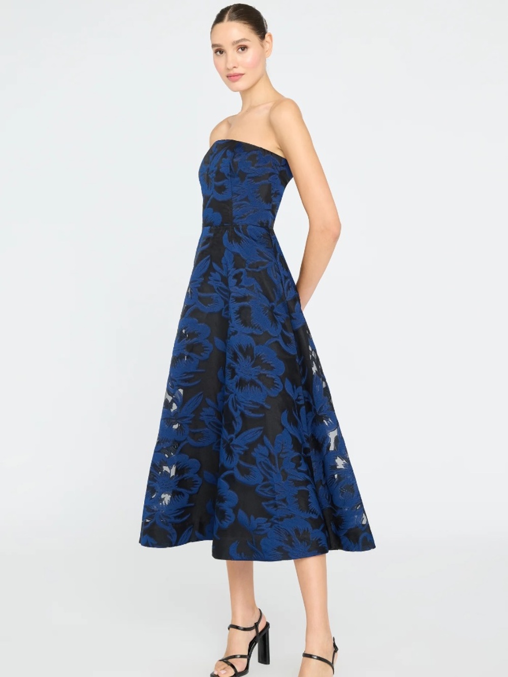 Theia Laure Jacquard Strapless Midi Dress in Midnight Navy (Size 0)